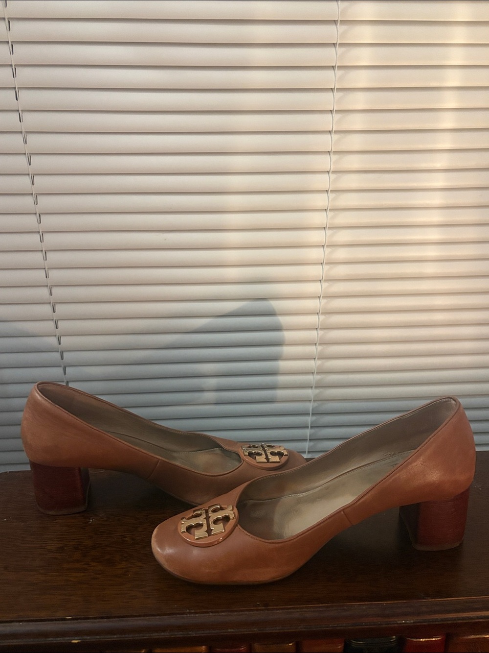 Tory Burch Brown Leather Block Heel Pumps with Gold Logo